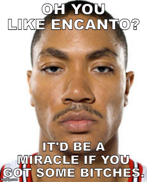 Derrick Rose Straight Face | OH YOU LIKE ENCANTO? IT'D BE A MIRACLE IF YOU GOT SOME BITCHES. | image tagged in derrick rose straight face | made w/ Imgflip meme maker