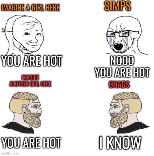 Relatable | SIMPS; IMAGINE A GIRL HERE; YOU ARE HOT; NOOO YOU ARE HOT; IMAGINE ANOTHER GIRL HERE; CHADS; I KNOW; YOU ARE HOT | image tagged in chad we know | made w/ Imgflip meme maker