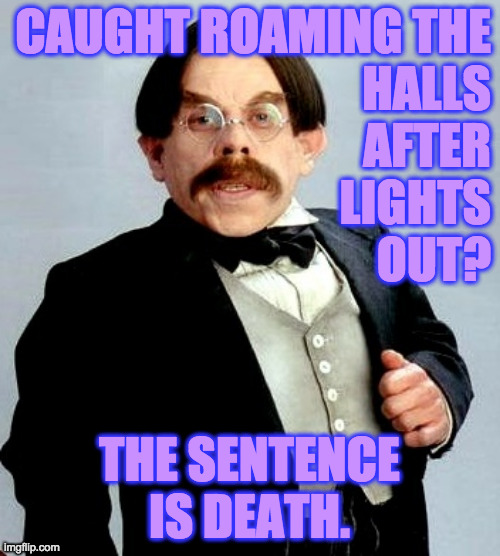CAUGHT ROAMING THE
HALLS
AFTER
LIGHTS
OUT? THE SENTENCE IS DEATH. | made w/ Imgflip meme maker