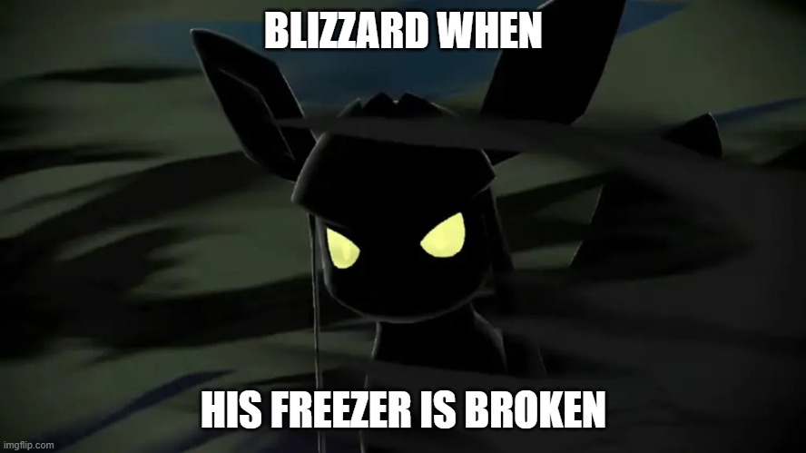 he doesnt look very happy | BLIZZARD WHEN; HIS FREEZER IS BROKEN | image tagged in glaceon | made w/ Imgflip meme maker