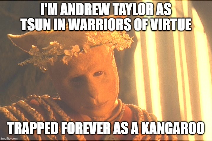 Andrew | I'M ANDREW TAYLOR AS TSUN IN WARRIORS OF VIRTUE; TRAPPED FOREVER AS A KANGAROO | image tagged in andrew taylor as t-sun | made w/ Imgflip meme maker