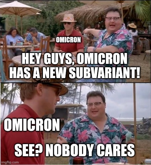 Again???? | OMICRON; HEY GUYS, OMICRON HAS A NEW SUBVARIANT! OMICRON; SEE? NOBODY CARES | image tagged in memes,see nobody cares,omicron,covid-19,coronavirus,subvariant | made w/ Imgflip meme maker