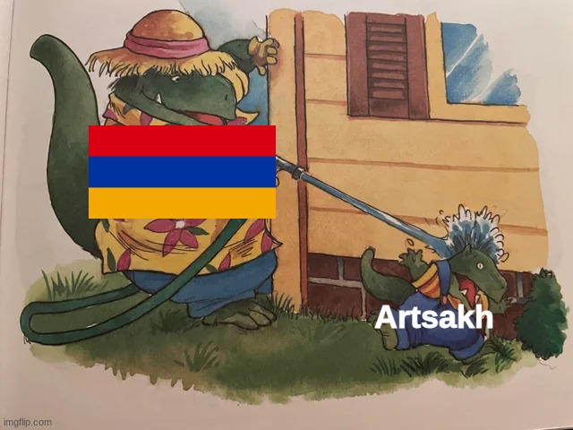 Nagorno-Karabakh conflict in a nutshell |  Artsakh | image tagged in dinosaur getting sprayed by a hose,history memes,armenia,azerbaijan | made w/ Imgflip meme maker