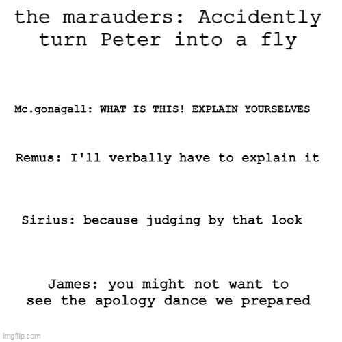 Just a random marauders meme | the marauders: Accidently turn Peter into a fly; Mc.gonagall: WHAT IS THIS! EXPLAIN YOURSELVES; Remus: I'll verbally have to explain it; Sirius: because judging by that look; James: you might not want to see the apology dance we prepared | image tagged in memes,marauders,harry potter,book,movies | made w/ Imgflip meme maker