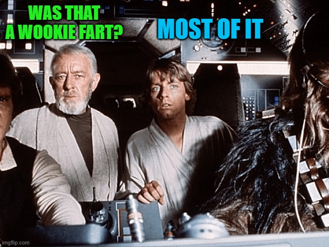 wookie fart | MOST OF IT; WAS THAT A WOOKIE FART? | image tagged in wookie,fart | made w/ Imgflip meme maker