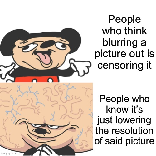 3 am thoughts | People who think blurring a picture out is censoring it; People who know it’s just lowering the resolution of said picture | image tagged in mokey dumb and smart | made w/ Imgflip meme maker