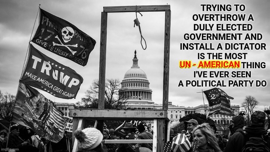 Trumpublican Terrorists Are Un - American | TRYING TO OVERTHROW A DULY ELECTED GOVERNMENT AND INSTALL A DICTATOR; IS THE MOST UN - AMERICAN THING I'VE EVER SEEN A POLITICAL PARTY DO; UN - AMERICAN | image tagged in noose at the capitol,memes,traitors,traitor,lock them up,lock him up | made w/ Imgflip meme maker