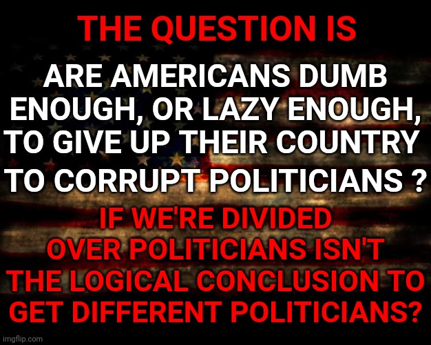 Get Rid Of EVERY POLITICIAN And Start Over Because NONE Of Them Are What's Best For The People.  They ALL Suck | THE QUESTION IS; ARE AMERICANS DUMB ENOUGH, OR LAZY ENOUGH, TO GIVE UP THEIR COUNTRY; TO CORRUPT POLITICIANS ? IF WE'RE DIVIDED OVER POLITICIANS ISN'T THE LOGICAL CONCLUSION TO GET DIFFERENT POLITICIANS? | image tagged in usa flag,memes,politicians suck,republican party,democratic party,trumpublican terrorists | made w/ Imgflip meme maker