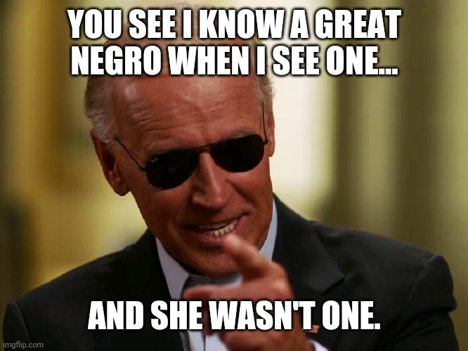 Cool Joe Biden | YOU SEE I KNOW A GREAT NEGRO WHEN I SEE ONE... AND SHE WASN'T ONE. | image tagged in cool joe biden | made w/ Imgflip meme maker