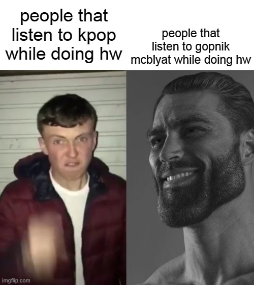 Average Fan vs Average Enjoyer | people that listen to gopnik mcblyat while doing hw; people that listen to kpop while doing hw | image tagged in average fan vs average enjoyer | made w/ Imgflip meme maker