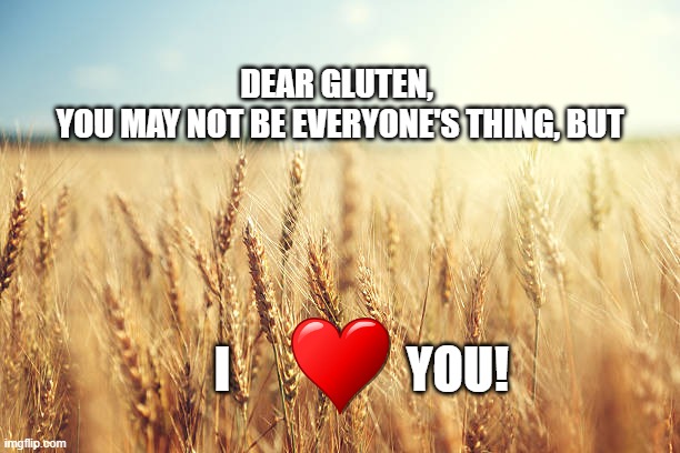 gluten is good | DEAR GLUTEN, 
YOU MAY NOT BE EVERYONE'S THING, BUT; I                  YOU! | image tagged in wheat field | made w/ Imgflip meme maker