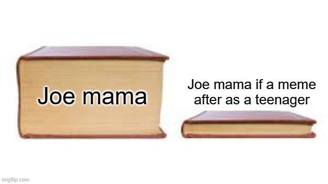 If joe mama as a teenager | Joe mama if a meme after as a teenager; Joe mama | image tagged in big book small book,memes | made w/ Imgflip meme maker