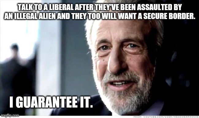 Unless you're a lib that likes being assaulted. | TALK TO A LIBERAL AFTER THEY'VE BEEN ASSAULTED BY AN ILLEGAL ALIEN AND THEY TOO WILL WANT A SECURE BORDER. I GUARANTEE IT. | image tagged in memes,i guarantee it | made w/ Imgflip meme maker