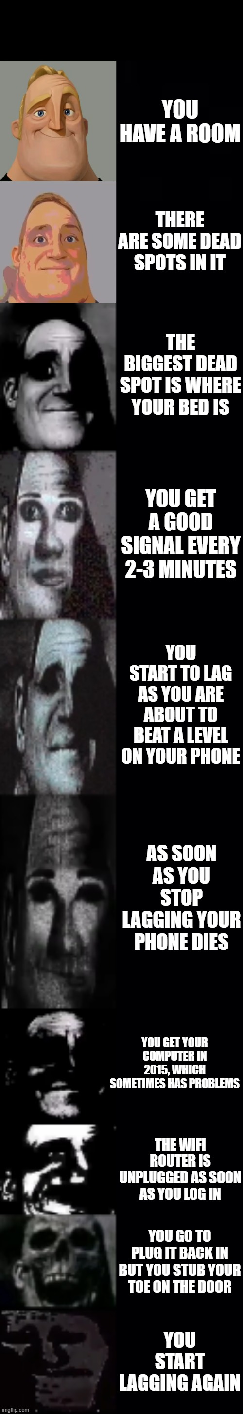 imagine this happening to you | YOU HAVE A ROOM; THERE ARE SOME DEAD SPOTS IN IT; THE BIGGEST DEAD SPOT IS WHERE YOUR BED IS; YOU GET A GOOD SIGNAL EVERY 2-3 MINUTES; YOU START TO LAG AS YOU ARE ABOUT TO BEAT A LEVEL ON YOUR PHONE; AS SOON AS YOU STOP LAGGING YOUR PHONE DIES; YOU GET YOUR COMPUTER IN 2015, WHICH SOMETIMES HAS PROBLEMS; THE WIFI ROUTER IS UNPLUGGED AS SOON AS YOU LOG IN; YOU GO TO PLUG IT BACK IN BUT YOU STUB YOUR TOE ON THE DOOR; YOU START LAGGING AGAIN | image tagged in mr incredible becoming uncanny | made w/ Imgflip meme maker