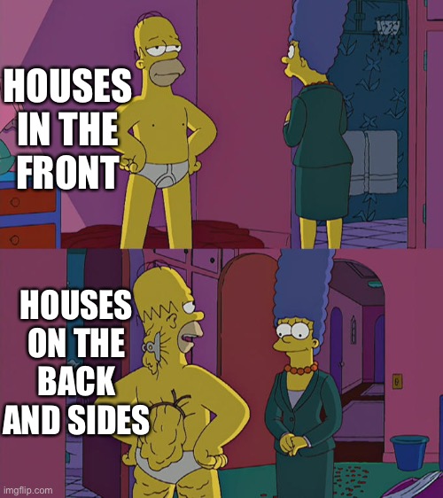 Homer Simpson's Back Fat | HOUSES IN THE FRONT; HOUSES ON THE BACK AND SIDES | image tagged in homer simpson's back fat | made w/ Imgflip meme maker