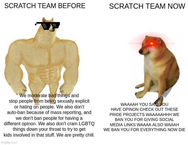 So true | SCRATCH TEAM BEFORE; SCRATCH TEAM NOW; We moderate bad things and stop people from being sexually explicit or hating on people. We also don't auto-ban because of mass reporting, and we don't ban people for having a different opinon. We also don't cram LGBTQ things down your throat to try to get kids involved in that stuff. We are pretty chill. WAAAAH YOU SAID YOU HAVE OPINON CHECK OUT THESE PRIDE PROJECTS WAAAAAHHH WE BAN YOU FOR GIVING SOCIAL MEDIA LINKS WAAAA ALSO WAAAH WE BAN YOU FOR EVERYTHING NOW DIE | image tagged in memes,buff doge vs cheems | made w/ Imgflip meme maker