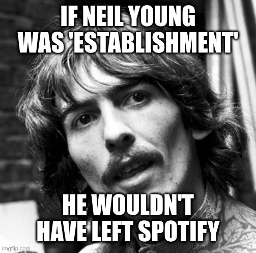 Hi George | IF NEIL YOUNG WAS 'ESTABLISHMENT' HE WOULDN'T HAVE LEFT SPOTIFY | image tagged in hi george | made w/ Imgflip meme maker