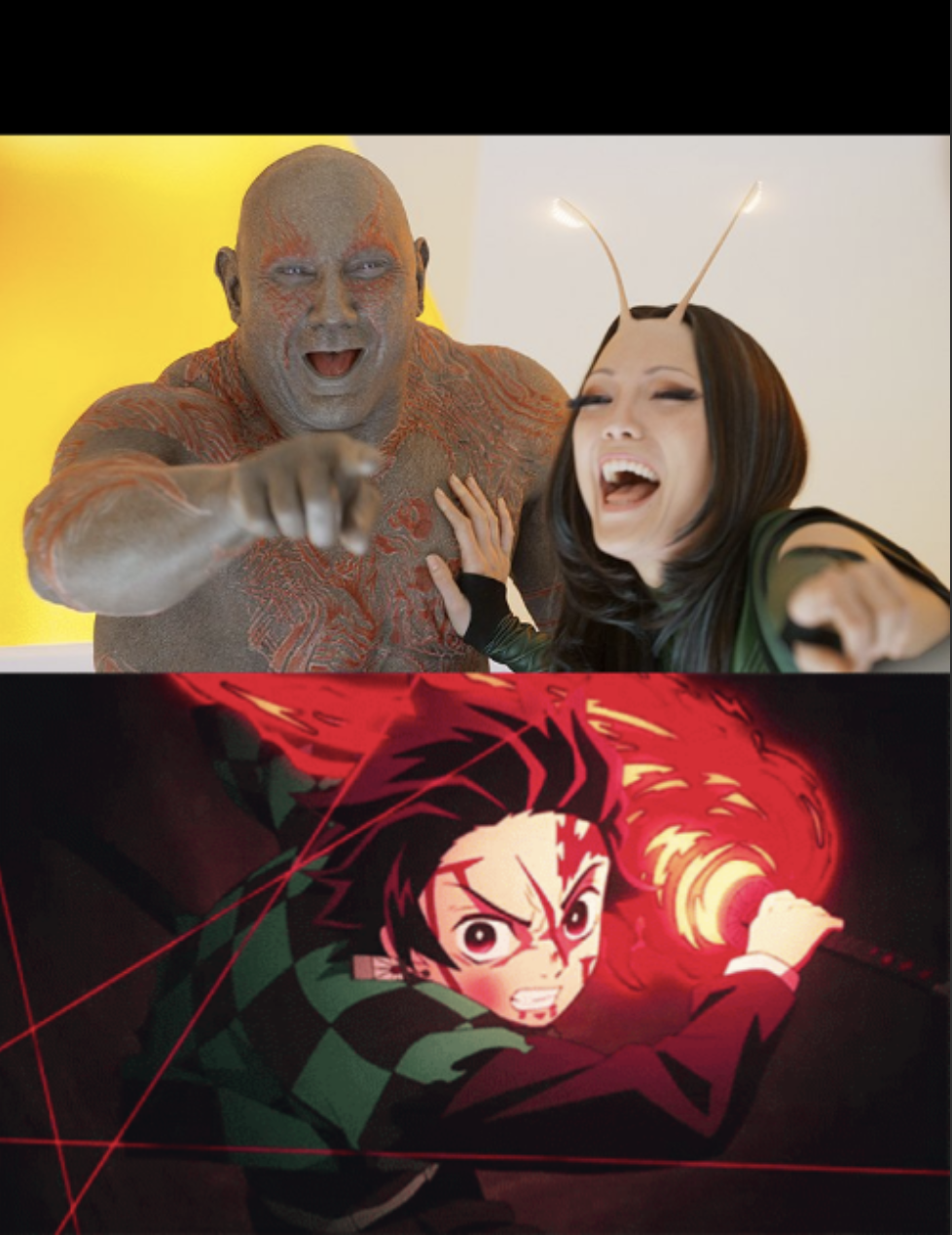 High Quality Drax and Mantis laughing irritating Tanjiro Blank Meme Template