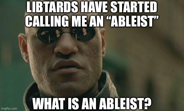 What is “ableism” is that some new woke term? | LIBTARDS HAVE STARTED CALLING ME AN “ABLEIST”; WHAT IS AN ABLEIST? | image tagged in memes,matrix morpheus,liberal logic,oh wow are you actually reading these tags | made w/ Imgflip meme maker