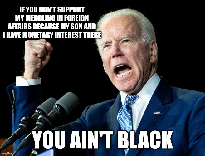 Joe Biden: The determinator of race and racism | IF YOU DON'T SUPPORT MY MEDDLING IN FOREIGN AFFAIRS BECAUSE MY SON AND I HAVE MONETARY INTEREST THERE; YOU AIN'T BLACK | image tagged in joe biden's fist,temper tantrum,quid pro joe | made w/ Imgflip meme maker