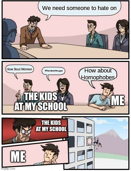 Boardroom Meeting Suggestion | We need someone to hate on; How Bout Women; What about the gays; How about Homophobes; THE KIDS AT MY SCHOOL; ME; THE KIDS AT MY SCHOOL; ME | image tagged in memes,boardroom meeting suggestion | made w/ Imgflip meme maker
