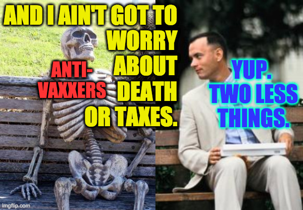 Death benefits. | AND I AIN'T GOT TO
WORRY
ABOUT
DEATH
OR TAXES. ANTI-
VAXXERS; YUP.  TWO LESS THINGS. | image tagged in memes,waiting skeleton,gump bench,antivax,two less things,death benefiits | made w/ Imgflip meme maker