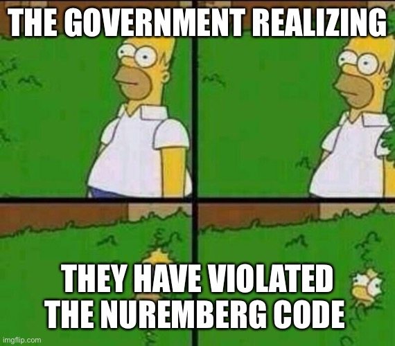 Homer Simpson in Bush - Large | THE GOVERNMENT REALIZING THEY HAVE VIOLATED THE NUREMBERG CODE | image tagged in homer simpson in bush - large | made w/ Imgflip meme maker