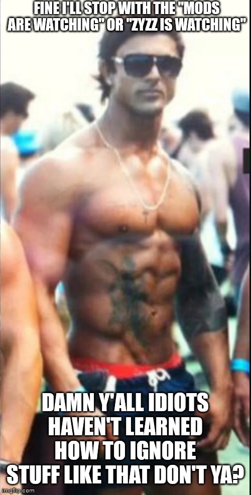 FINE I'LL STOP WITH THE "MODS ARE WATCHING" OR "ZYZZ IS WATCHING"; DAMN Y'ALL IDIOTS HAVEN'T LEARNED HOW TO IGNORE STUFF LIKE THAT DON'T YA? | made w/ Imgflip meme maker