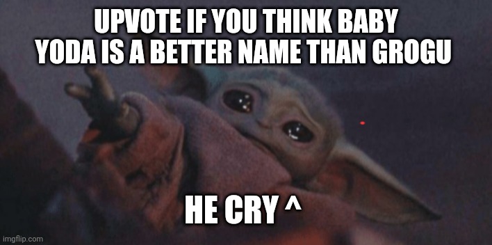 All the Disney genius and they  couldn't give this poor kiddo a better name | UPVOTE IF YOU THINK BABY YODA IS A BETTER NAME THAN GROGU; HE CRY ^ | image tagged in baby yoda cry | made w/ Imgflip meme maker
