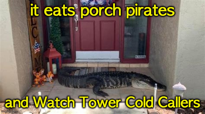 Protection | it eats porch pirates; and Watch Tower Cold Callers | image tagged in watch gator | made w/ Imgflip meme maker