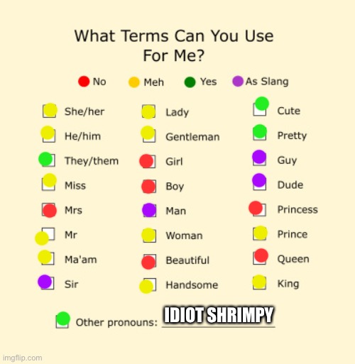 Redoing this cuz my last one wasn’t accurate | IDIOT SHRIMPY | image tagged in pronouns sheet | made w/ Imgflip meme maker