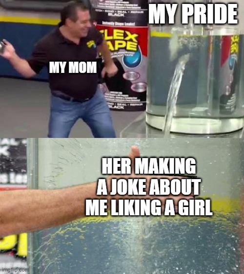 I hate when this happens | MY PRIDE; MY MOM; HER MAKING A JOKE ABOUT ME LIKING A GIRL | image tagged in flex tape | made w/ Imgflip meme maker
