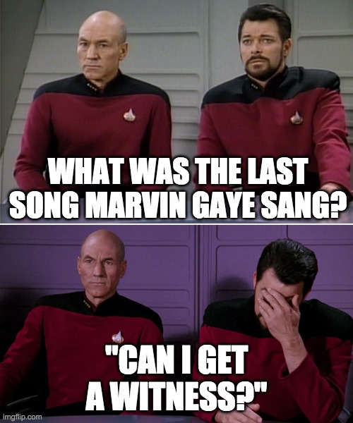 Picard Riker listening to a pun | WHAT WAS THE LAST SONG MARVIN GAYE SANG? "CAN I GET A WITNESS?" | image tagged in picard riker listening to a pun | made w/ Imgflip meme maker