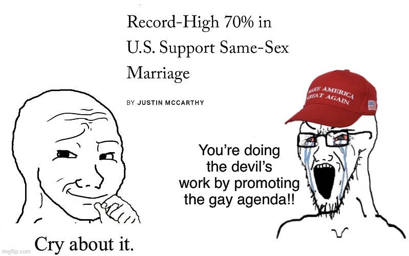 Cope | You’re doing the devil’s work by promoting the gay agenda!! Cry about it. | image tagged in cope,maga,trump supporters,religious,lgbt,gay marriage | made w/ Imgflip meme maker