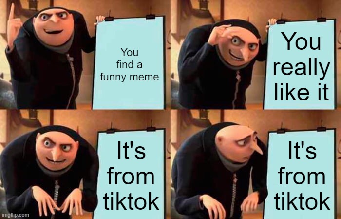 Gru's Plan | You find a funny meme; You really like it; It's from tiktok; It's from tiktok | image tagged in memes,gru's plan | made w/ Imgflip meme maker