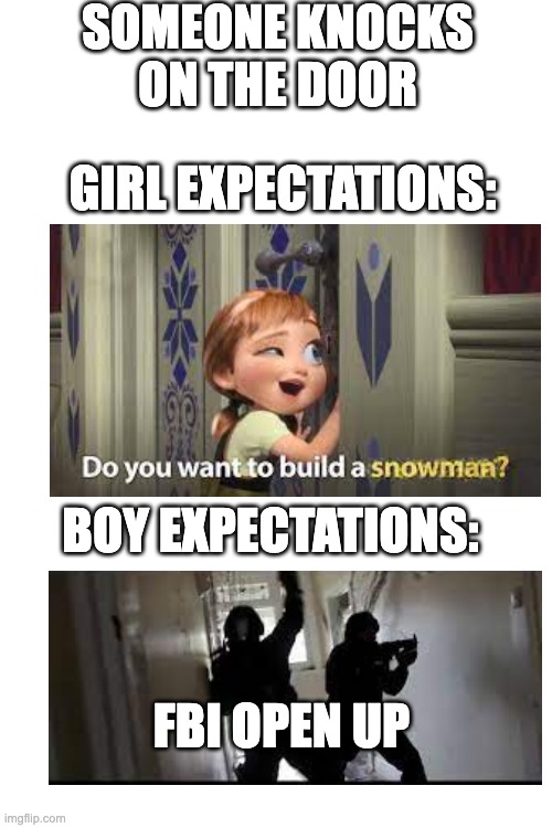 *Knock knock* |  SOMEONE KNOCKS ON THE DOOR; GIRL EXPECTATIONS:; BOY EXPECTATIONS:; FBI OPEN UP | image tagged in knock knock,fbi open up,elsa,do you wanna build a snowman | made w/ Imgflip meme maker
