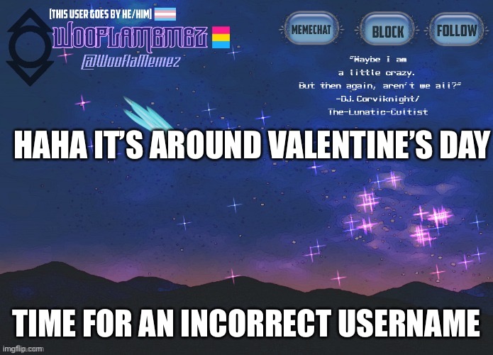 :T | HAHA IT’S AROUND VALENTINE’S DAY; TIME FOR AN INCORRECT USERNAME | image tagged in wooflamemez announcement template | made w/ Imgflip meme maker