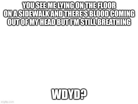 Blank White Template | YOU SEE ME LYING ON THE FLOOR ON A SIDEWALK AND THERE'S BLOOD COMING OUT OF MY HEAD BUT I'M STILL BREATHING; WDYD? | image tagged in blank white template | made w/ Imgflip meme maker