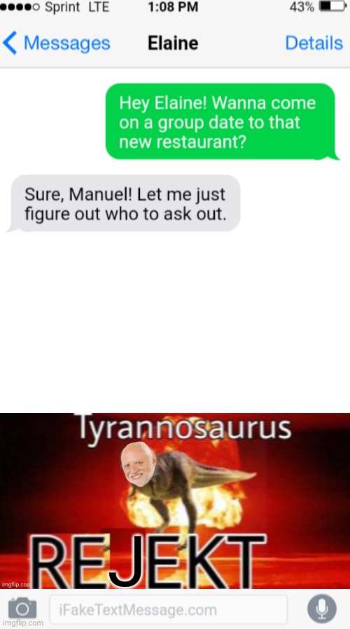 I'm kinda new to this type of meme, let me try my hand at it | image tagged in tyrannosaurus rejekt,tyrannosaurus rekt,text messages | made w/ Imgflip meme maker