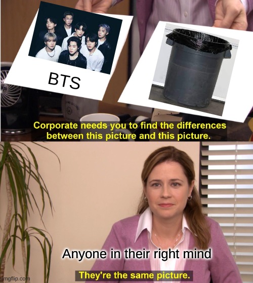 They're The Same Picture Meme | BTS; Anyone in their right mind | image tagged in memes,they're the same picture | made w/ Imgflip meme maker