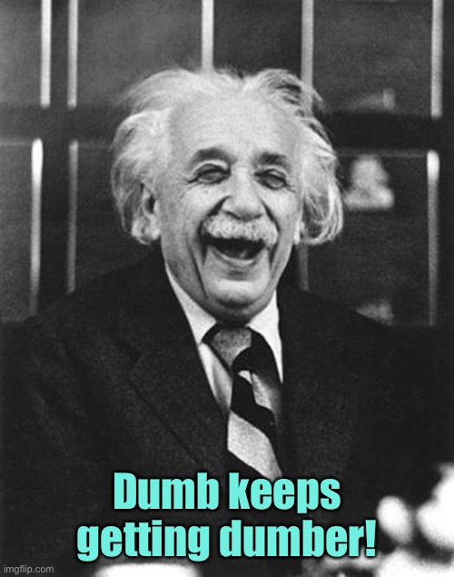 Einstein laugh | Dumb keeps getting dumber! | image tagged in einstein laugh | made w/ Imgflip meme maker