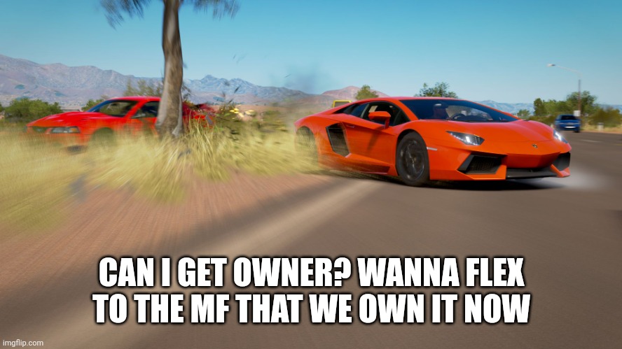 Forza Horizon 3 - Lamborghini Aventador takes down Mustang | CAN I GET OWNER? WANNA FLEX TO THE MF THAT WE OWN IT NOW | image tagged in forza horizon 3 - lamborghini aventador takes down mustang | made w/ Imgflip meme maker
