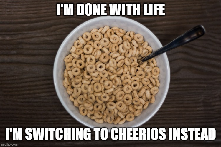 Bowl of Cheerios | I'M DONE WITH LIFE; I'M SWITCHING TO CHEERIOS INSTEAD | image tagged in bowl of cheerios | made w/ Imgflip meme maker