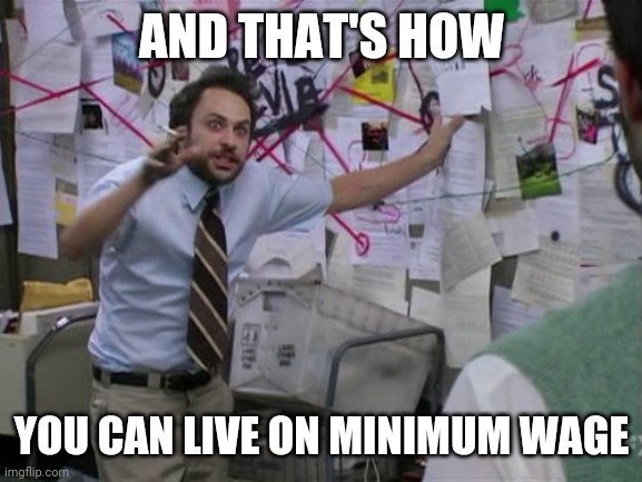 Charlie Day | AND THAT'S HOW YOU CAN LIVE ON MINIMUM WAGE | image tagged in charlie day | made w/ Imgflip meme maker
