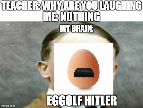 eggolf hitler | TEACHER: WHY ARE YOU LAUGHING; ME: NOTHING; MY BRAIN:; EGGOLF HITLER | image tagged in egg,adolf hitler | made w/ Imgflip meme maker