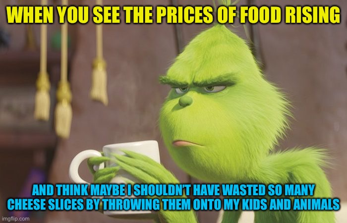 Grinch coffee | WHEN YOU SEE THE PRICES OF FOOD RISING; AND THINK MAYBE I SHOULDN’T HAVE WASTED SO MANY CHEESE SLICES BY THROWING THEM ONTO MY KIDS AND ANIMALS | image tagged in grinch coffee | made w/ Imgflip meme maker