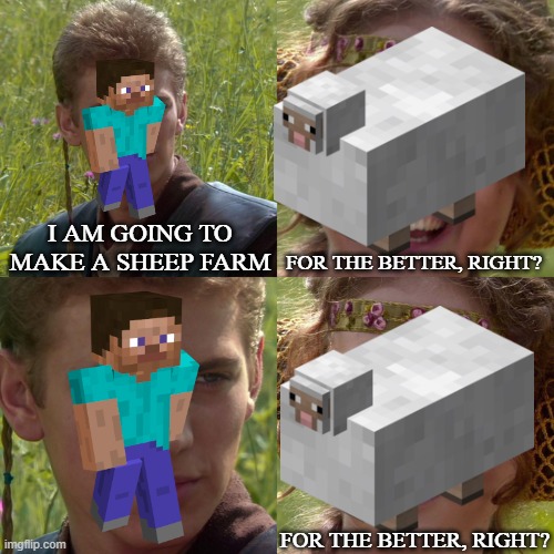 Sheep pov | I AM GOING TO MAKE A SHEEP FARM; FOR THE BETTER, RIGHT? FOR THE BETTER, RIGHT? | image tagged in anakin padme 4 panel,padme,star wars,minecraft,minecraft steve,sheep | made w/ Imgflip meme maker