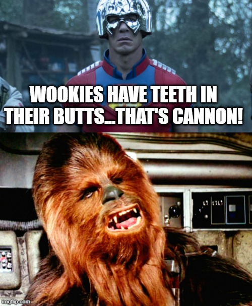 Really Chews Chewy | WOOKIES HAVE TEETH IN THEIR BUTTS...THAT'S CANNON! | image tagged in suicide squad peacemaker,chewbacca | made w/ Imgflip meme maker