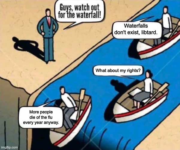 Waterfalls Don't Exist | Waterfalls don't exist, libtard. What about my rights? More people die of the flu every year anyway. | image tagged in covid-19,conspiracy theory,vaccines,climate change | made w/ Imgflip meme maker
