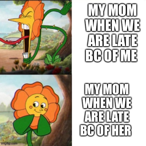 Sunflower | MY MOM WHEN WE ARE LATE BC OF ME; MY MOM WHEN WE ARE LATE BC OF HER | image tagged in sunflower | made w/ Imgflip meme maker